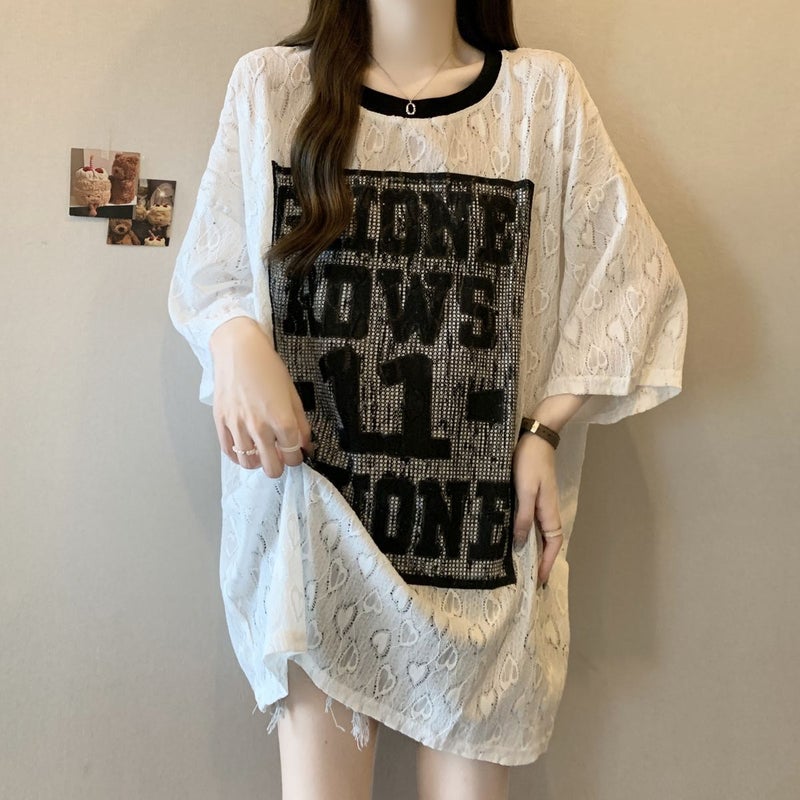 Plus Size Baby'S Breath Lace Short-Sleeved T-Shirt For Women 2025 Loose Cover-Up Slimming Look Fat Mm Printed Top - Image 2