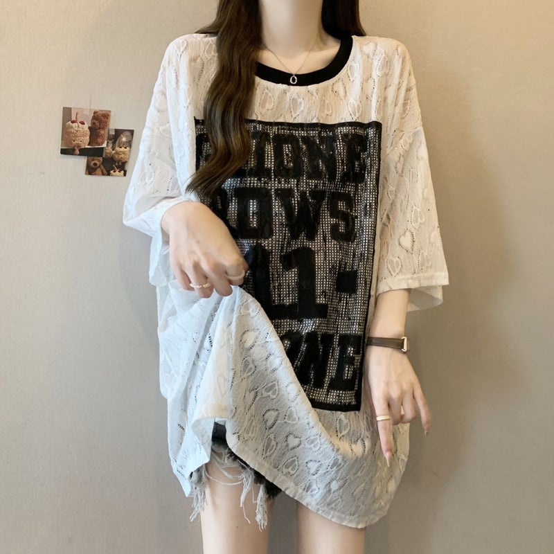 Plus Size Baby'S Breath Lace Short-Sleeved T-Shirt For Women 2025 Loose Cover-Up Slimming Look Fat Mm Printed Top - Image 3
