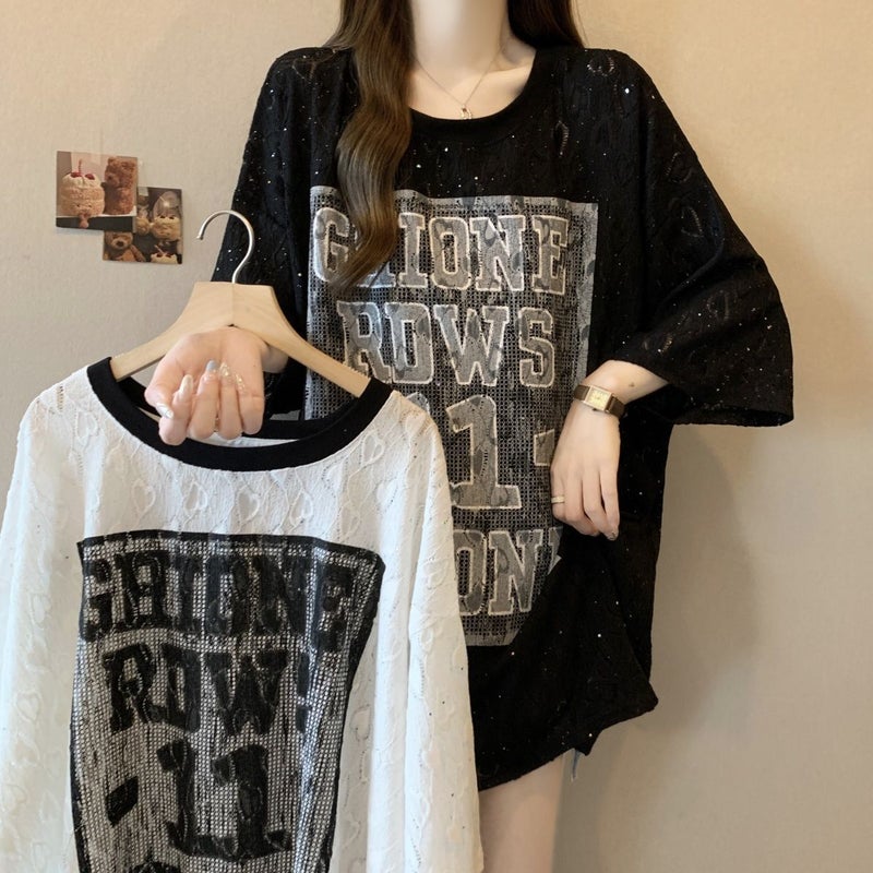 Plus Size Baby'S Breath Lace Short-Sleeved T-Shirt For Women 2025 Loose Cover-Up Slimming Look Fat Mm Printed Top - Image 5
