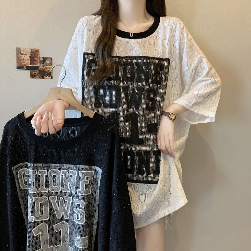 Plus Size Baby'S Breath Lace Short-Sleeved T-Shirt For Women 2025 Loose Cover-Up Slimming Look Fat Mm Printed Top - Image 4