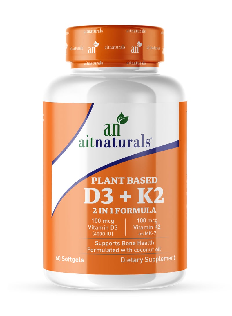 Aitnaturals Vitamin D3 + K2, 2 in 1 Formula, Vitamin K2 as MK7, Supports Bone Health - 60 Softgels - Image 1