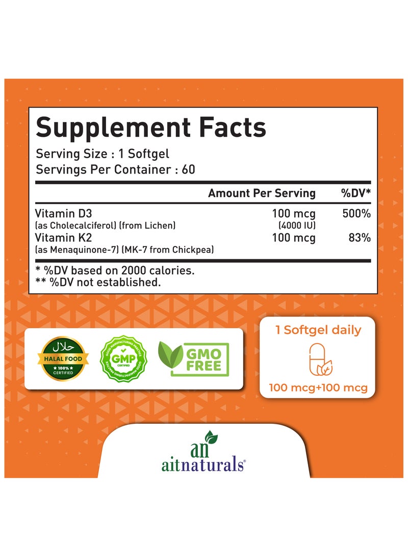 Aitnaturals Vitamin D3 + K2, 2 in 1 Formula, Vitamin K2 as MK7, Supports Bone Health - 60 Softgels - Image 2