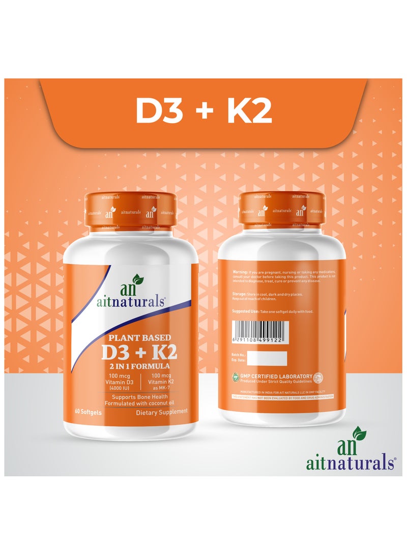 Aitnaturals Vitamin D3 + K2, 2 in 1 Formula, Vitamin K2 as MK7, Supports Bone Health - 60 Softgels - Image 3