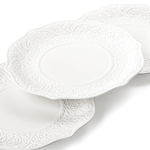 SOUJOY Set of 6 Salad Plate, 8 Inch Porcelain Dessert Serving Plates, Embossed Printing Small Dinner Dish for Pancakes, Steak, Microwave, Dishwasher Safe - Image 4