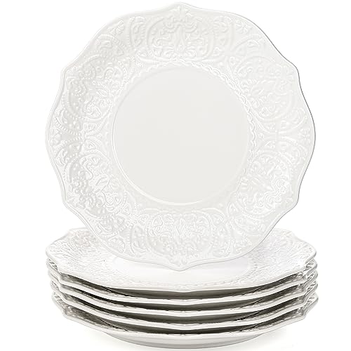 SOUJOY Set of 6 Salad Plate, 8 Inch Porcelain Dessert Serving Plates, Embossed Printing Small Dinner Dish for Pancakes, Steak, Microwave, Dishwasher Safe - Image 1