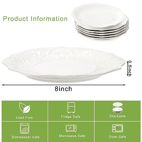 SOUJOY Set of 6 Salad Plate, 8 Inch Porcelain Dessert Serving Plates, Embossed Printing Small Dinner Dish for Pancakes, Steak, Microwave, Dishwasher Safe - Image 2