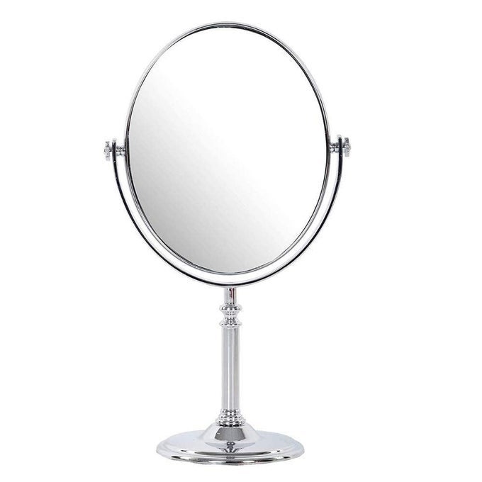 360 DEGREE ROTATING DOUBLE SIDED MAGNIFICATION MIRROR WITH STAND FOR MAKEUP SHAVING AT WASHROOM BATHRROM TABLETOP VANITY MIRROR FOR WOMEN MEN 1PSPLASTICSILVER