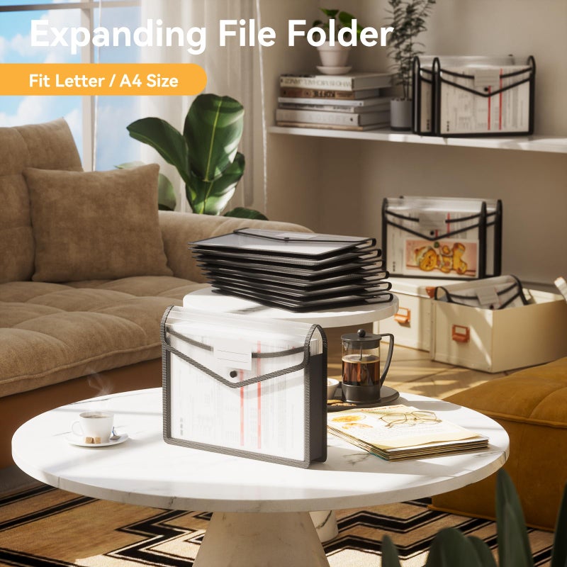 ABC life 6 Pack Plastic Expanding File Folder, Folders for Documents with Snap Closure, Black File Folder Organizer Holder, Transparent Accordion File Pouch,Large Capacity, Fit Letter/A4 Size - Black - Image 2