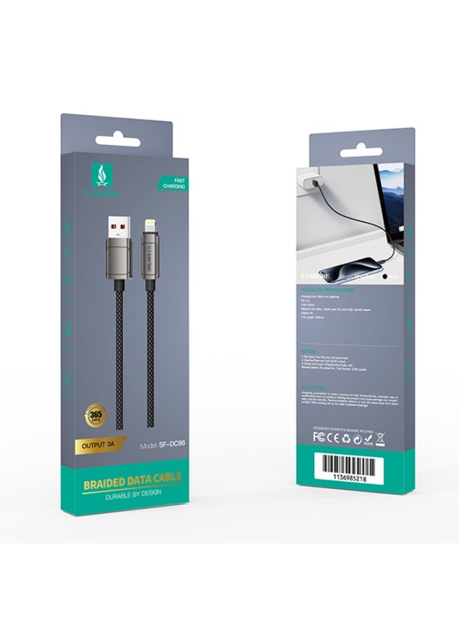 Starfire Lightning USB Cable for iPhone/iPad, Zinc Alloy Luxury Braided Data Lead, 3A/10W High-Speed Charging, 48-Count Tangle-Free Weave, 1000mm (Black-Gray) - Image 2