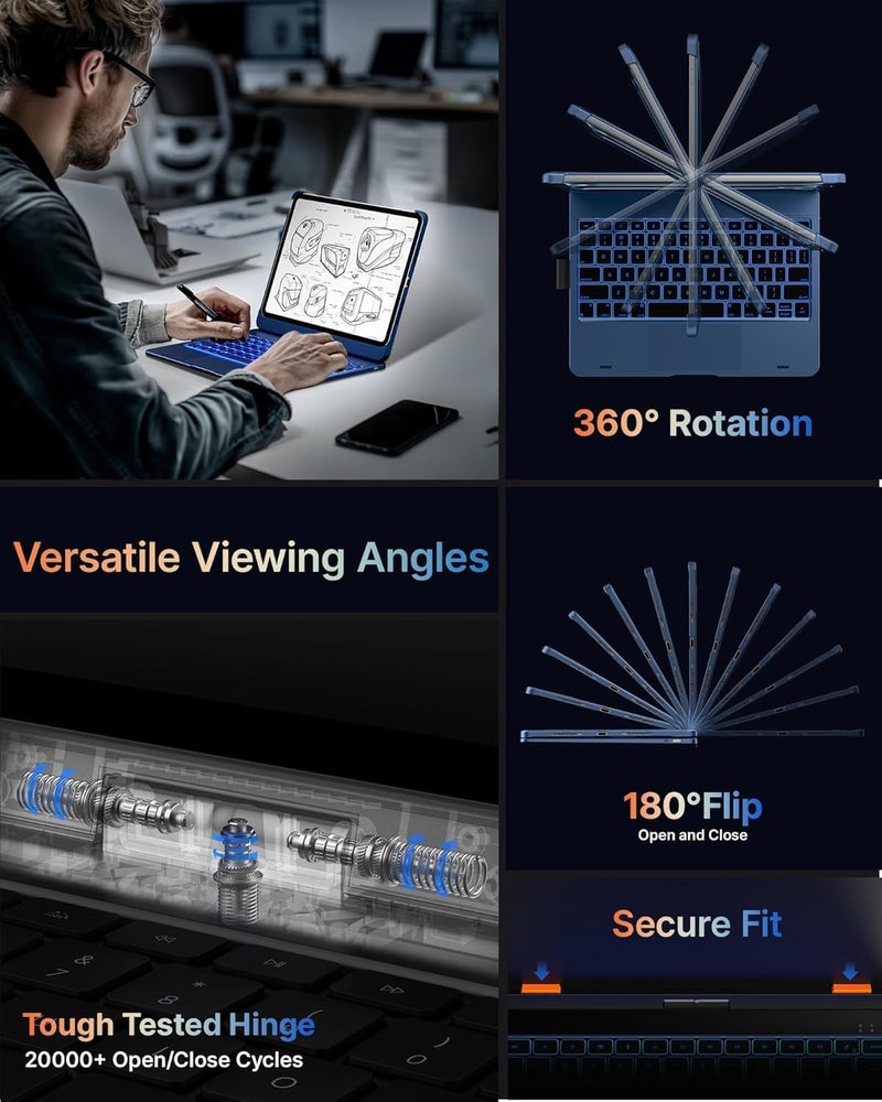 typecase لوحة مفاتيح تعمل باللمس لجهاز iPad Pro مقاس 11 بوصة (M4 2024)، 11 لون مضيء، غلاف واقي قابل للدوران 360°، حامل قلم، لوحة تتبع متعددة اللمس (غير متوافق مع Pro 11 M2، الجيل 11 و Air 11 (M3/M2) - M.Blue - Image 5