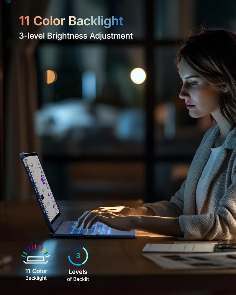 typecase لوحة مفاتيح تعمل باللمس لجهاز iPad Pro مقاس 11 بوصة (M4 2024)، 11 لون مضيء، غلاف واقي قابل للدوران 360°، حامل قلم، لوحة تتبع متعددة اللمس (غير متوافق مع Pro 11 M2، الجيل 11 و Air 11 (M3/M2) - M.Blue - Image 4