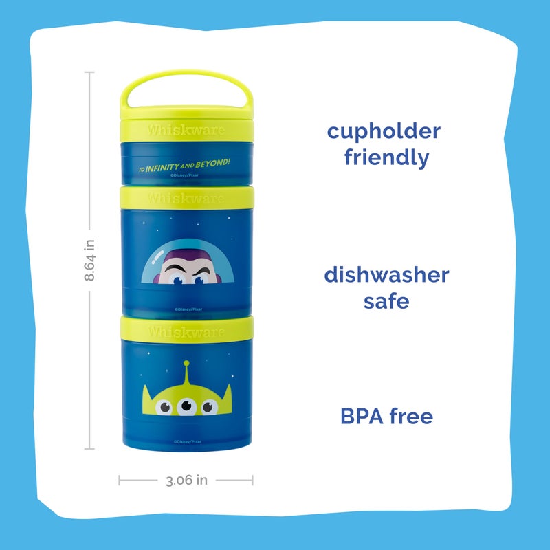 Whiskware Disney Pixar Stackable Polypropylene Snack Containers for Kids and Toddlers, 3 Stackable Snack Cups for School and Travel, Toy Story Buzz Lightyear - Image 1