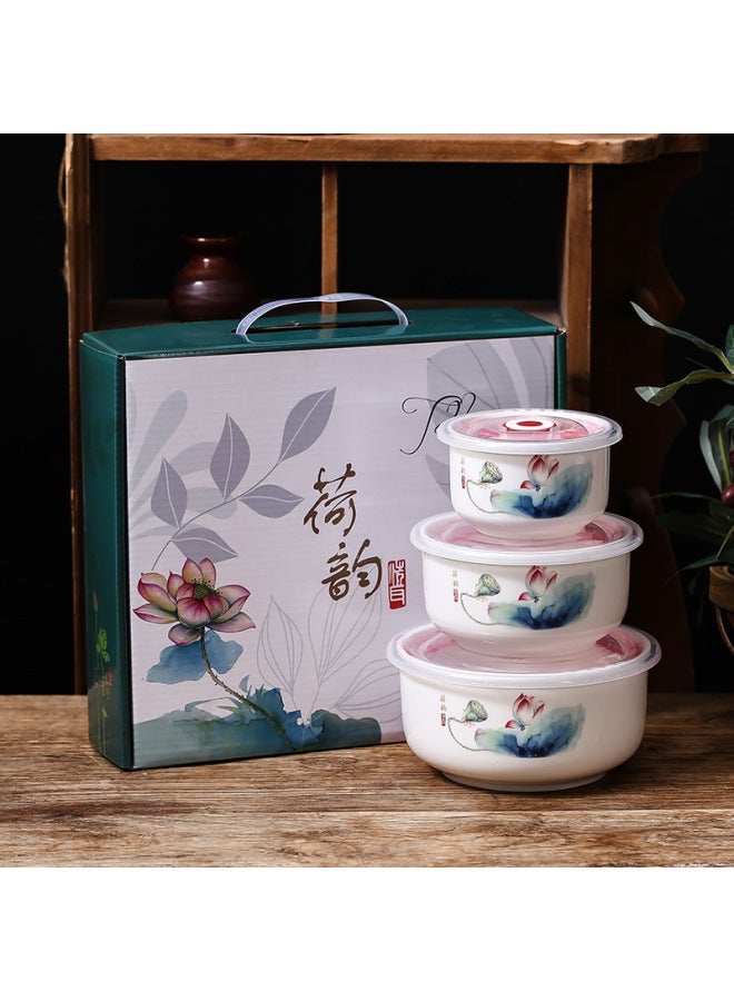 Ceramic Fresh-keeping Bowl Three-piece Sealed Bowl Gift Bowl Set Gift Box Wedding Will Sell Wholesale Printed LOGO-Specifications:Lotus Rhyme-Color:Preservation Bowl Large Single Color Box/48 Sets Of A Box - Image 1