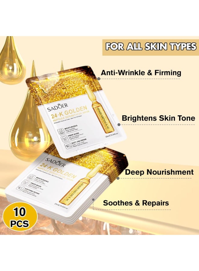 SADOER 24K Gold Face Mask Skincare – 10-Pack Korean Sheet Masks for Radiant Glow & Hydrating Care, Facial Masks with Collagen & Botanical Extracts - Image 4