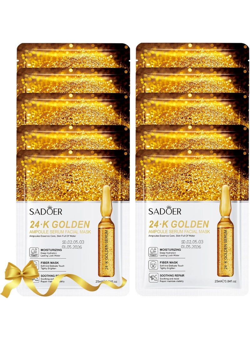 SADOER 24K Gold Face Mask Skincare – 10-Pack Korean Sheet Masks for Radiant Glow & Hydrating Care, Facial Masks with Collagen & Botanical Extracts - Image 1