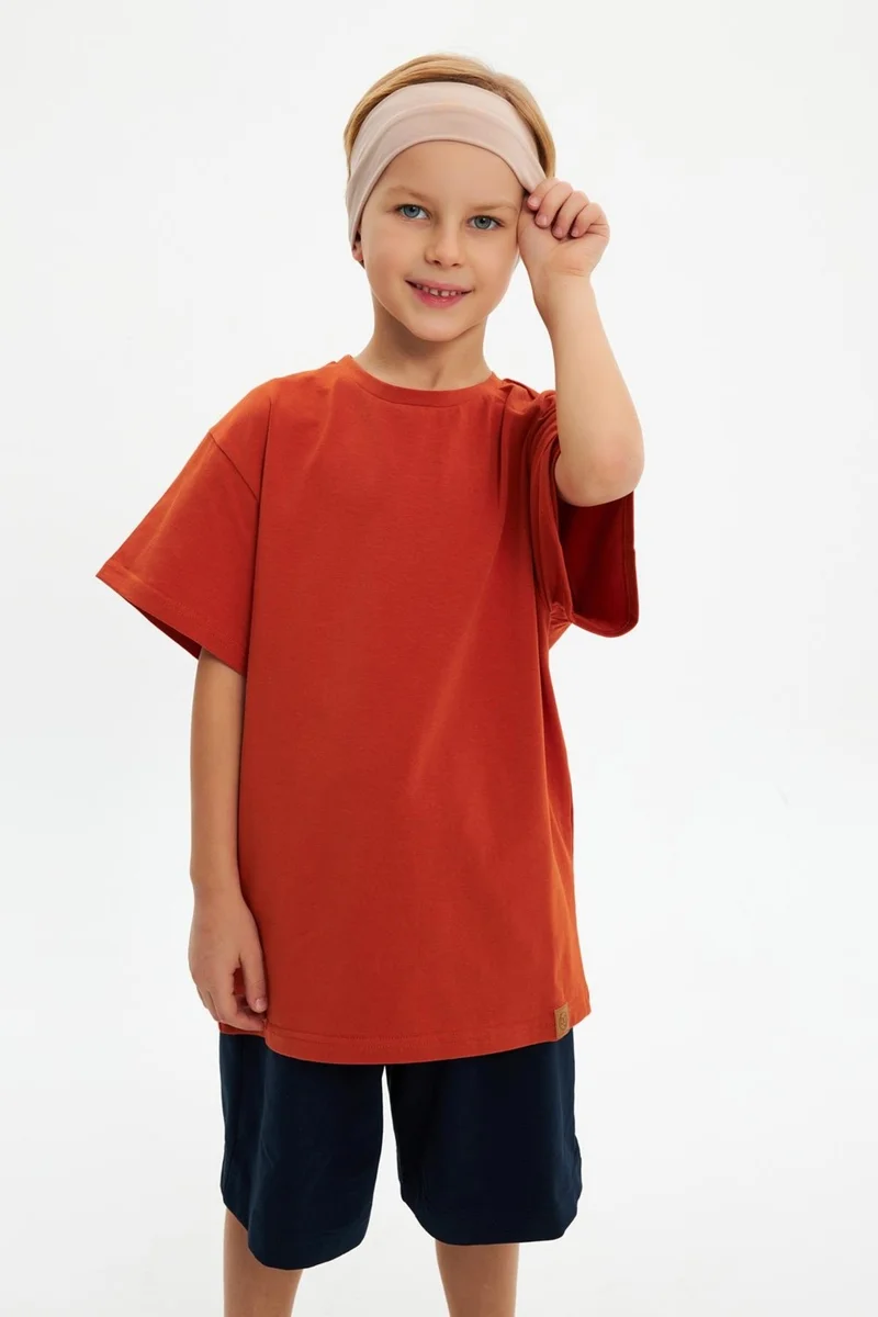 Babygiz Black-Brick Boy's Cotton Combed Oversize T-Shirt Navy Blue Bandana 2-Piece Set