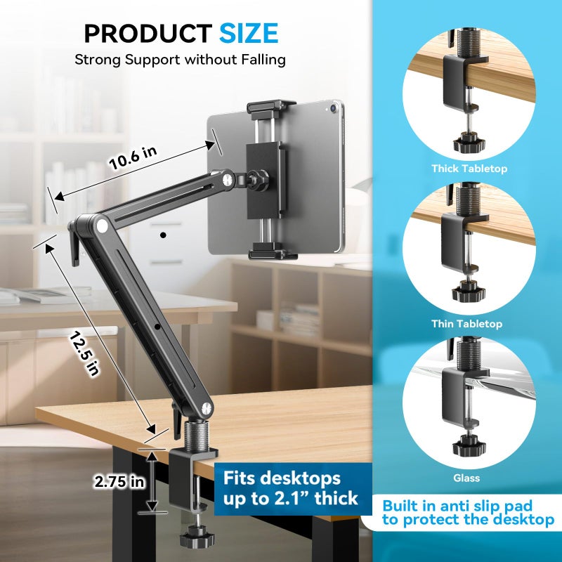 Jakeko Adjustable Portable Monitor Stand 15.6" - 360Â° Rotating Base Tall Tablet Desk Arm Holder Stand for iPad Air/Pro/Mini Swivel Flexible Bed Clamp Mount Soporte para Tablet/Monitor Portatil/Ereader - Image 4