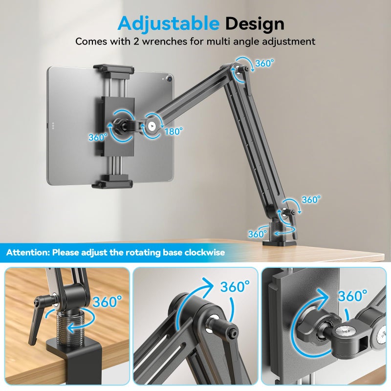 Jakeko Adjustable Portable Monitor Stand 15.6" - 360Â° Rotating Base Tall Tablet Desk Arm Holder Stand for iPad Air/Pro/Mini Swivel Flexible Bed Clamp Mount Soporte para Tablet/Monitor Portatil/Ereader - Image 5
