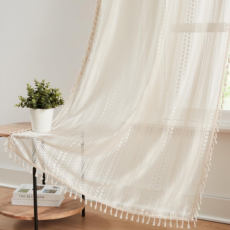 Bapawfish Boho Lace Sheer Window Curtains with Tassels 84 Inches Length for Bedroom Geometric Embroidery Drapes for Living Room Rod Pocket Window Treatment Set 40"" Wx84 L 2 Panels Beige - Image 3