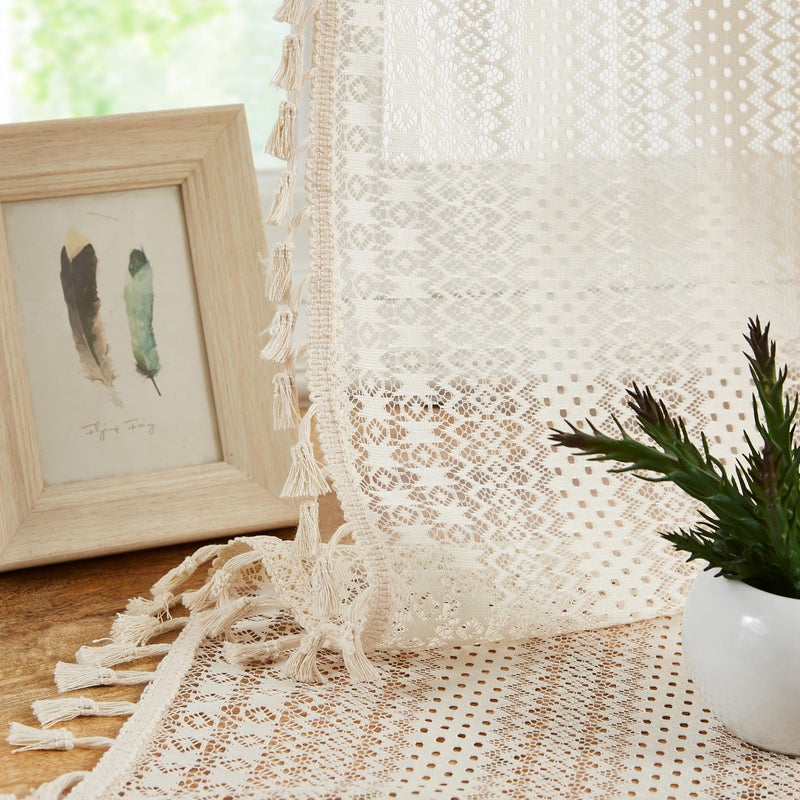 Bapawfish Boho Lace Sheer Window Curtains with Tassels 84 Inches Length for Bedroom Geometric Embroidery Drapes for Living Room Rod Pocket Window Treatment Set 40"" Wx84 L 2 Panels Beige - Image 1