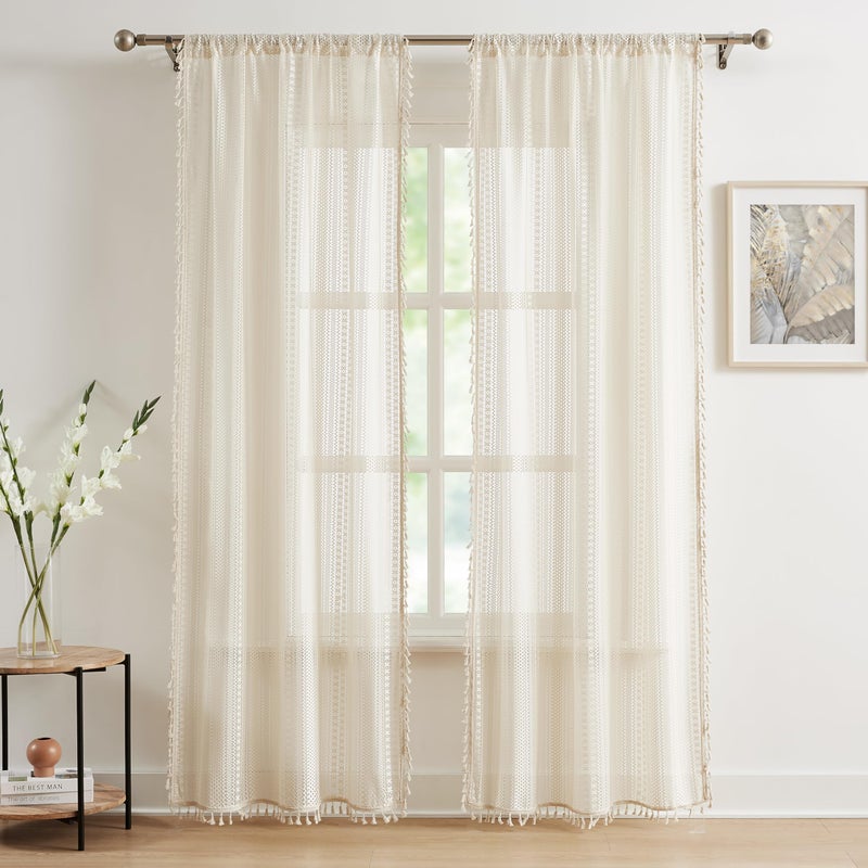 Bapawfish Boho Lace Sheer Window Curtains with Tassels 84 Inches Length for Bedroom Geometric Embroidery Drapes for Living Room Rod Pocket Window Treatment Set 40"" Wx84 L 2 Panels Beige - Image 2