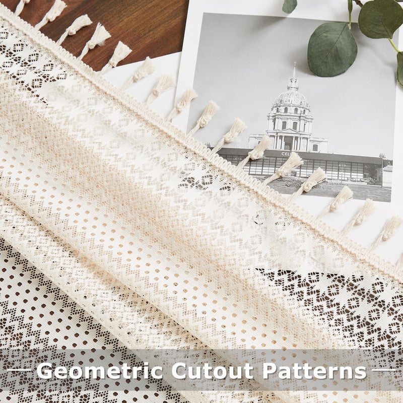 Bapawfish Boho Lace Sheer Window Curtains with Tassels 84 Inches Length for Bedroom Geometric Embroidery Drapes for Living Room Rod Pocket Window Treatment Set 40"" Wx84 L 2 Panels Beige - Image 5