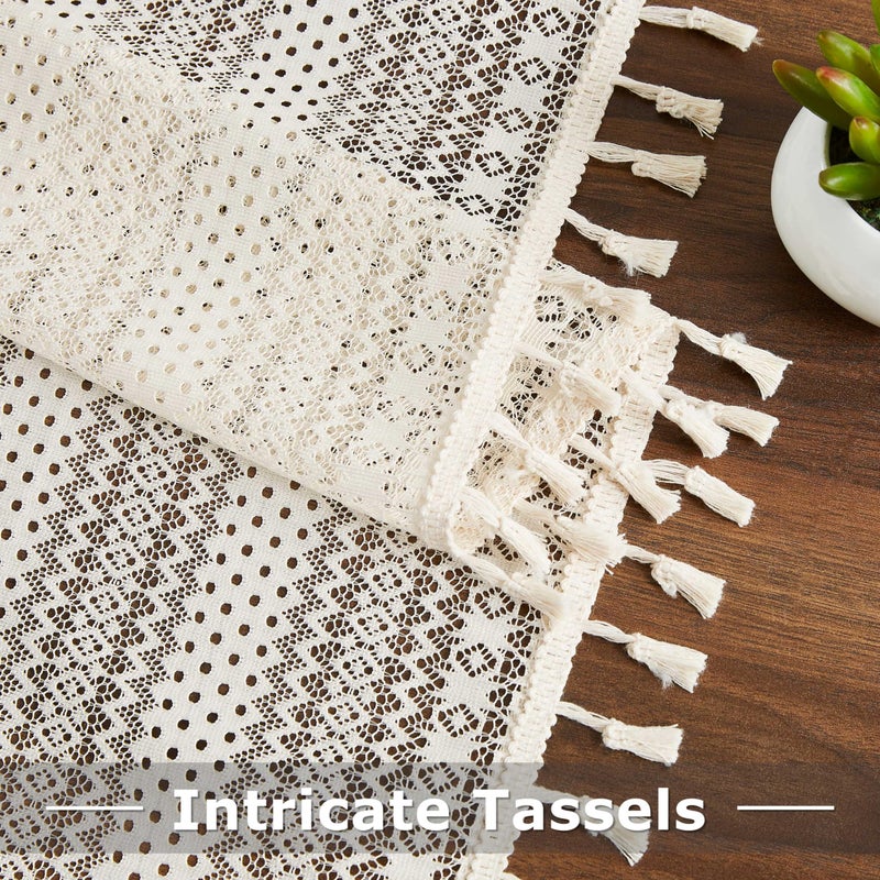 Bapawfish Boho Lace Sheer Window Curtains with Tassels 84 Inches Length for Bedroom Geometric Embroidery Drapes for Living Room Rod Pocket Window Treatment Set 40"" Wx84 L 2 Panels Beige - Image 4