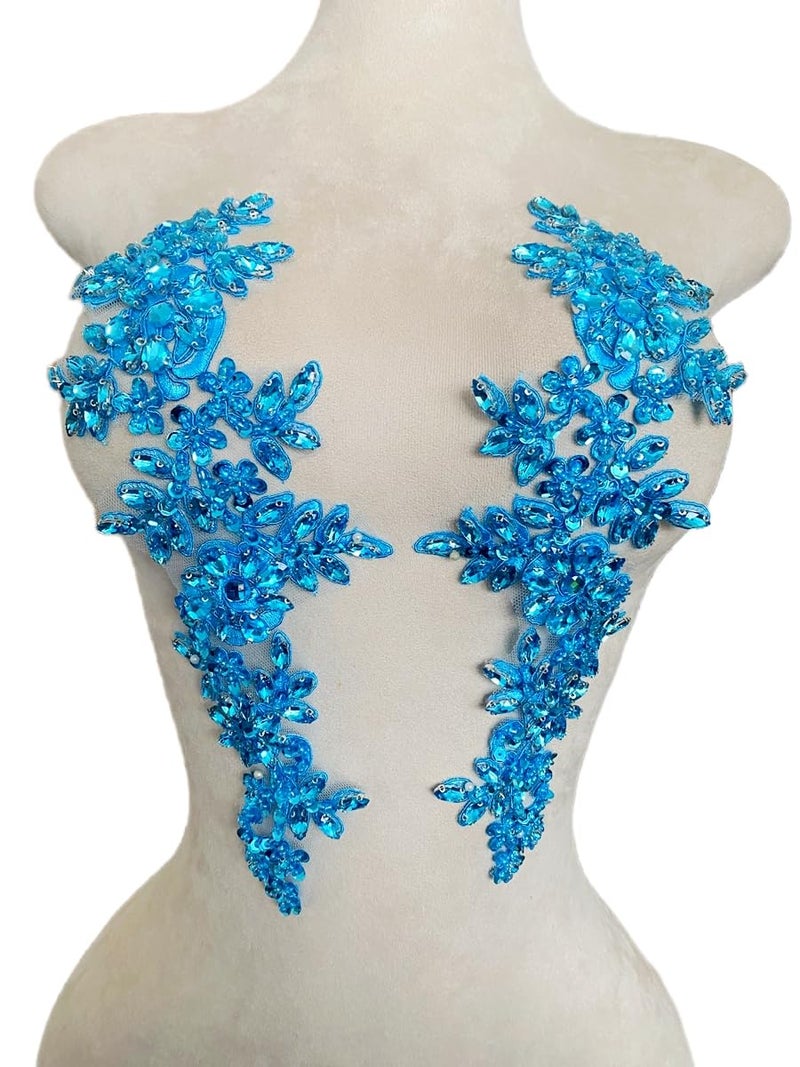 Zbroh زبره يدوي أحمر أبيض أخضر أزرق أحجار الراين تطريز خرز أحجار حواف دانتيل ملصقات إكسسوار لفستان الملابس زوج واحد أزرق سماوي