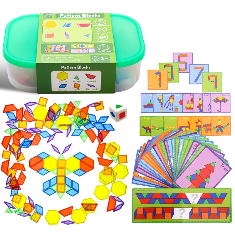 Odoorgames 140 Pcs Translucent Pattern Blocks,Geometric Shapes,Translucent Toys,Light Table Accessories and Manipulatives,Includes 46 Activity Cards - Image 1