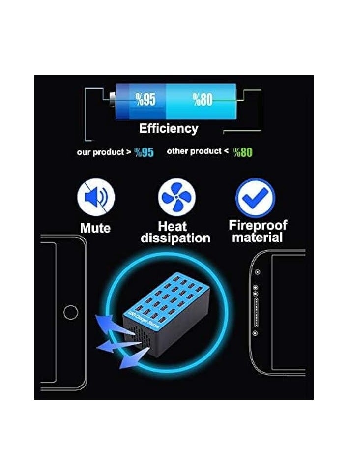 erorex 20-Port Multi Ports USB Charger, 100W Multi-USB Charging Station, Multi-Port USB Charger with Smart Detection to charge smartphones, tablets and other USB devices. - Image 5