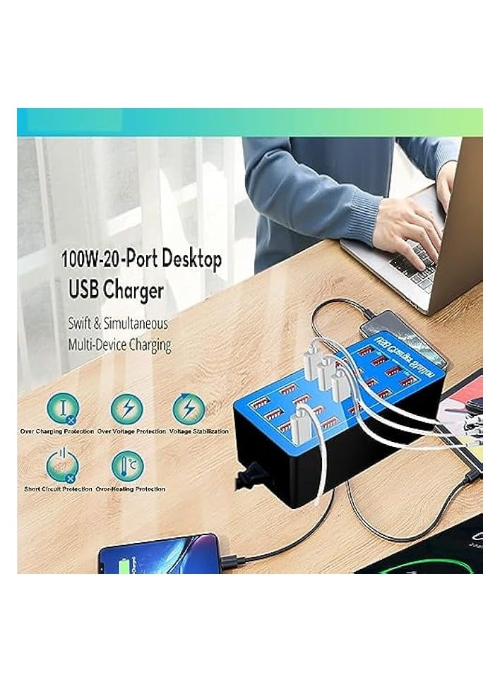 erorex 20-Port Multi Ports USB Charger, 100W Multi-USB Charging Station, Multi-Port USB Charger with Smart Detection to charge smartphones, tablets and other USB devices. - Image 3