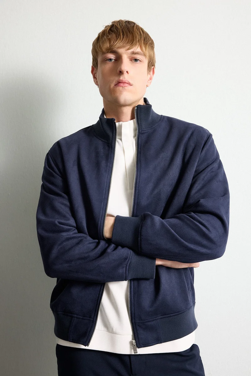 ديفاكتو Slim Fit Ultra Soft Lined Suede-Look Mid-Season Stand Collar Zip-Up Jacket