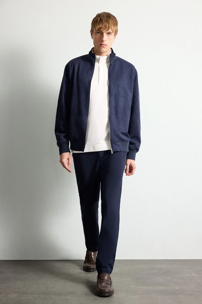 ديفاكتو Slim Fit Ultra Soft Lined Suede-Look Mid-Season Stand Collar Zip-Up Jacket