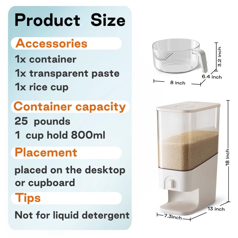 LivLab 22-25lbs Rice Dispenser, 10.5 Qt/10L/25 lbs Grain Storage Container with Measuring Cup Cereal Dispenser Cereal Bucket for Kitchen Pantry Organization - Image 5