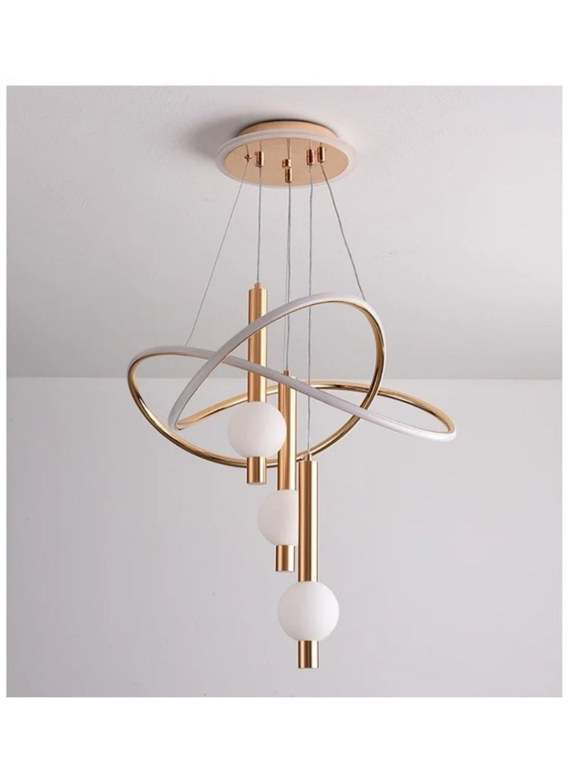 AL THURAYAT Luxurious and modern LED chandelier with design. The LED chandelier is made of high-quality materials and comes with three balls and crossed rings, 50 cm wide, with 3 lighting colors, and remote control. - Image 2