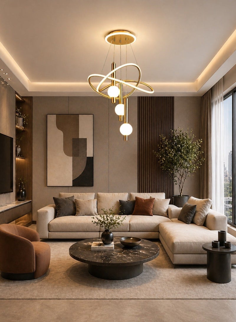 الثريات ثريا LED ذهبية فاخرة 60 سم – 3 كرات مضيئة بحلقات متقاطعة مع ريموت كنترول – تصميم عصري راقٍ لغرفة المعيشة والطعام - Image 5