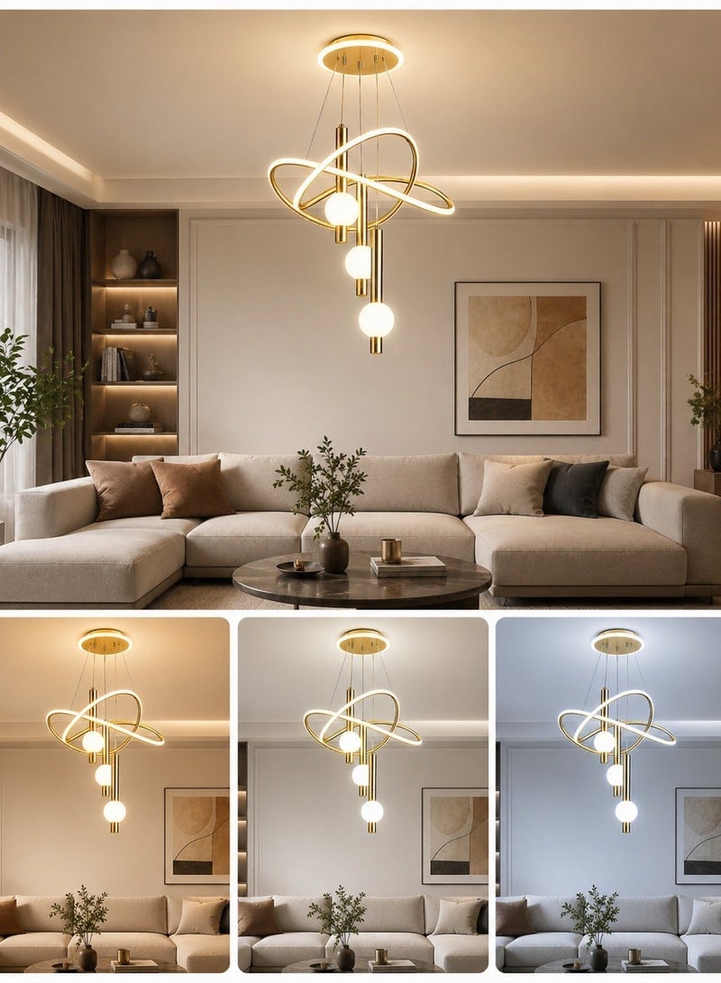 الثريات ثريا LED ذهبية فاخرة 60 سم – 3 كرات مضيئة بحلقات متقاطعة مع ريموت كنترول – تصميم عصري راقٍ لغرفة المعيشة والطعام - Image 2