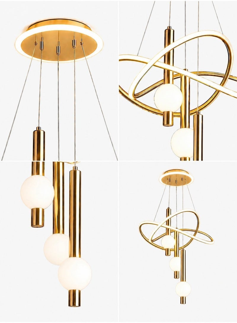 الثريات ثريا LED ذهبية فاخرة 60 سم – 3 كرات مضيئة بحلقات متقاطعة مع ريموت كنترول – تصميم عصري راقٍ لغرفة المعيشة والطعام - Image 3