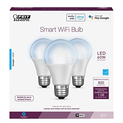 Feit Electric OM60/950CA/AG/3 60 Watt Equivalent WiFi Dimmable, No Hub Required, Alexa or Google Assistant A19 LED Smart Light Bulbs, 4.4" H x 2.4" D, 5000K Daylight, 3 Count - Image 2