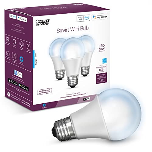 Feit Electric OM60/950CA/AG/3 60 Watt Equivalent WiFi Dimmable, No Hub Required, Alexa or Google Assistant A19 LED Smart Light Bulbs, 4.4" H x 2.4" D, 5000K Daylight, 3 Count - Image 1