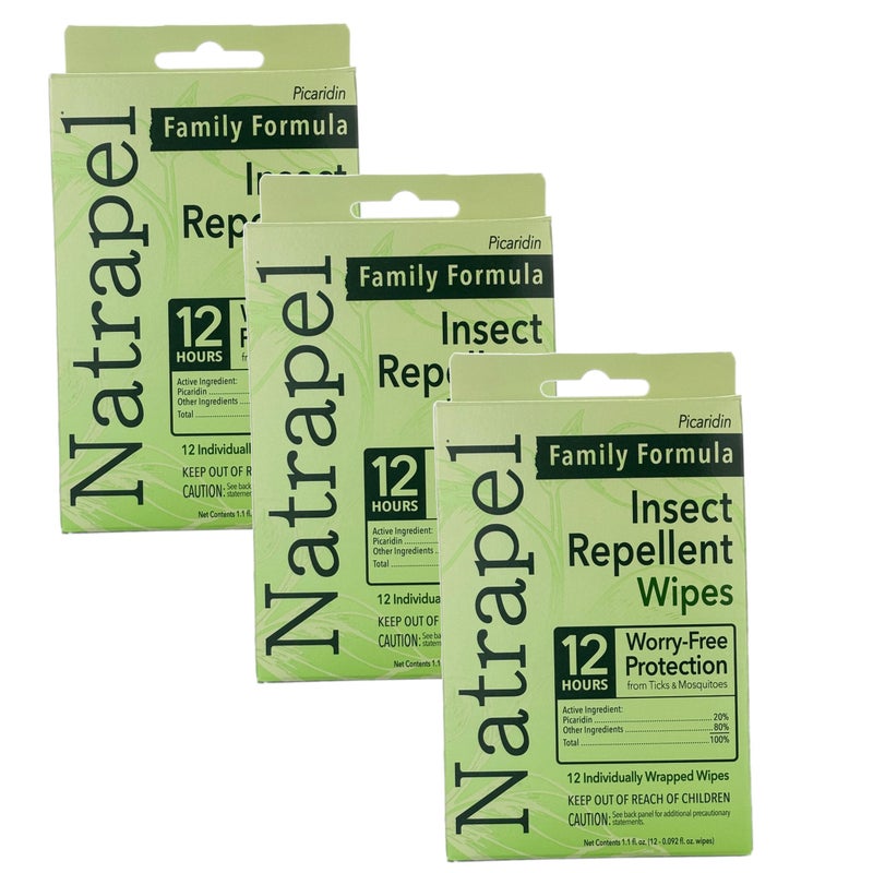 Natrapel Tick & Insect Repellent Wipes - Bug Spray with 20% Picaridin - Family Protection Against Mosquitoes, Ticks & More - Up to 12 Hours of Protection - 12 Wipes (3 Pack) - Image 1