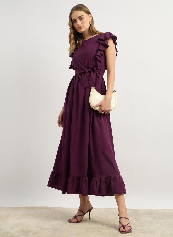Styli Solid Ruffled Hem Tiered Midi Dress with Waist Tie-Up  - Image 1