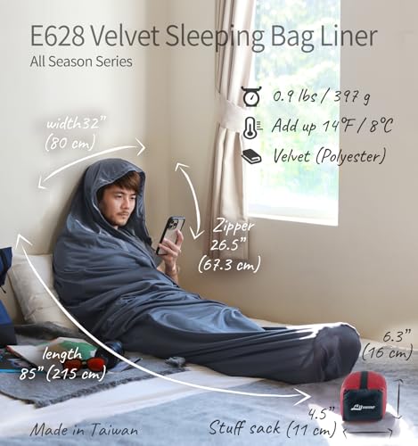 Litume Velvet Velour Sleeping Bag Liner Add Up to 14°F, Mummy Sleeping Sack Backpacking, Camping, Traveling, Hotel, Hostal, Lightweight Sleep Sack (E628, with Zipper) - Image 2