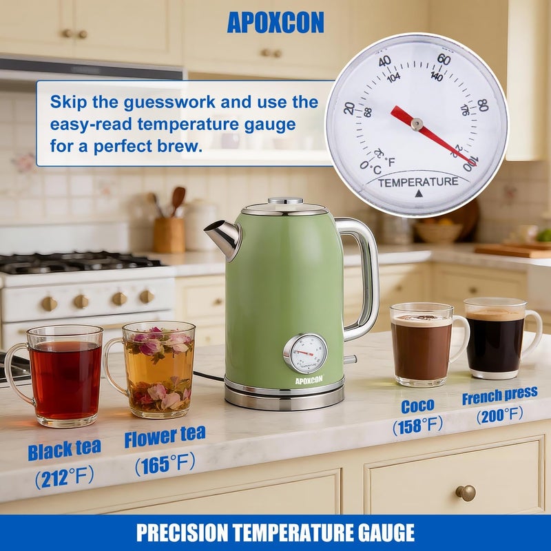 APOXCON Retro Electric Kettle with Thermometer, 1.8L Stainless Steel Tea Kettle, Green - Image 3