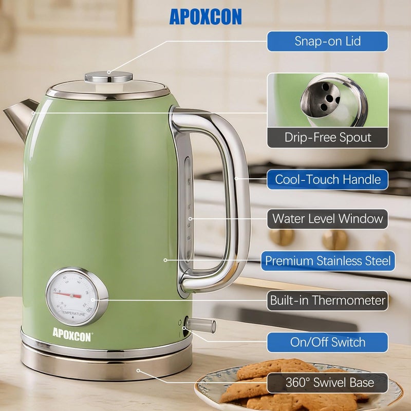 APOXCON Retro Electric Kettle with Thermometer, 1.8L Stainless Steel Tea Kettle, Green - Image 5