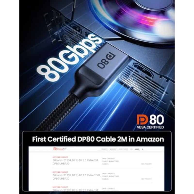 80Gbps DisplayPort 2.1 Cable 2M [VESA Certified], UHBR20 8K@240Hz, 4K@960Hz 480Hz 360Hz 240Hz, HDR HDCP DSC 1.2a, FreeSync G-Sync, DP 2.1 Cable Compatible with Graphics Cards 5090 7900XTX - Image 2