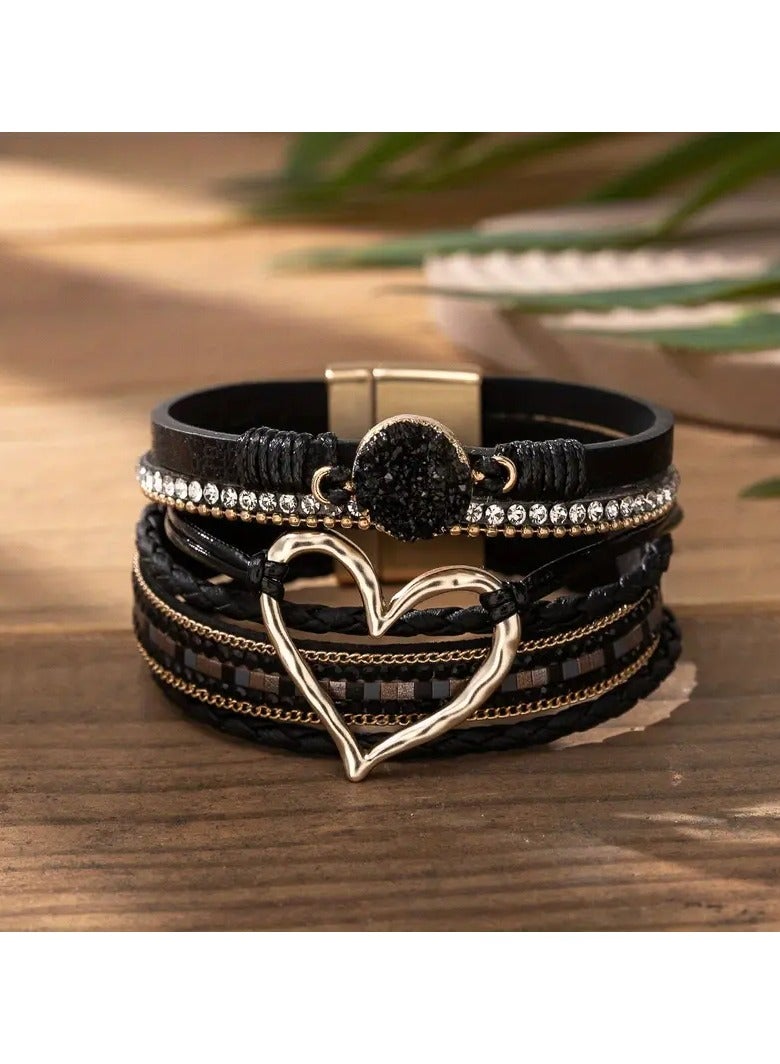 Goolsky [Elegant] Boho Chic Love Heart Magnetic Clasp Bracelet - Multi-Layer PU Leather with Black Braided Design & Crystal Accents, Golden-Tone Metal Heart Pendant, Everyday Bohemian Style Jewelry for Women, Heart Jewelry - Image 1