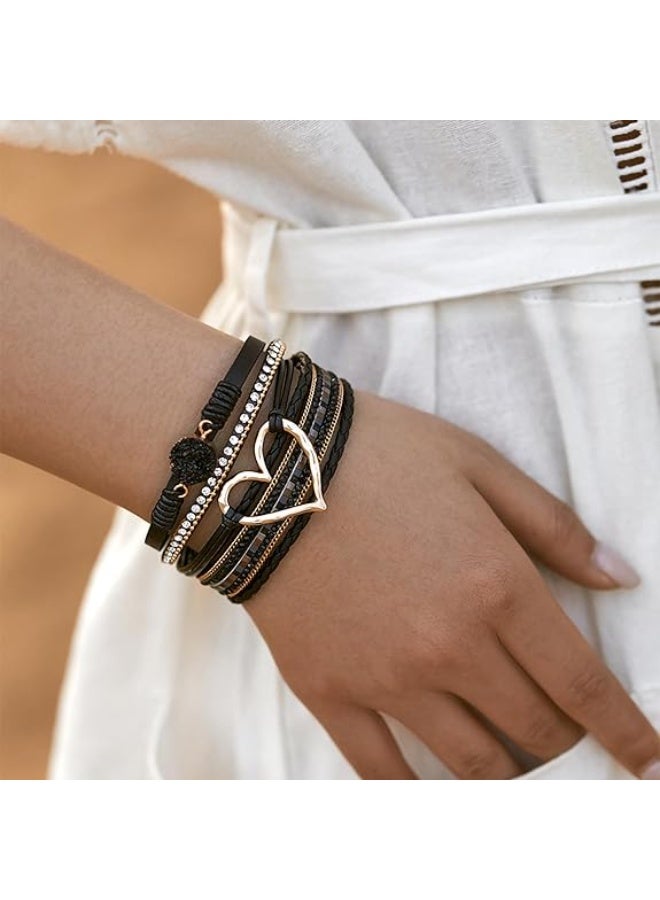 Goolsky [Elegant] Boho Chic Love Heart Magnetic Clasp Bracelet - Multi-Layer PU Leather with Black Braided Design & Crystal Accents, Golden-Tone Metal Heart Pendant, Everyday Bohemian Style Jewelry for Women, Heart Jewelry - Image 3