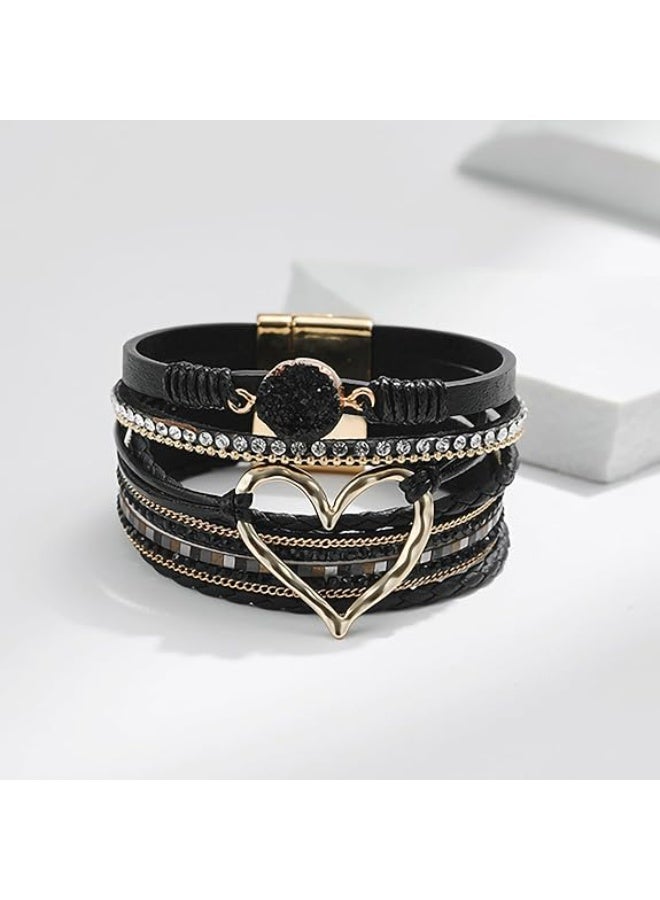 Goolsky [Elegant] Boho Chic Love Heart Magnetic Clasp Bracelet - Multi-Layer PU Leather with Black Braided Design & Crystal Accents, Golden-Tone Metal Heart Pendant, Everyday Bohemian Style Jewelry for Women, Heart Jewelry - Image 2