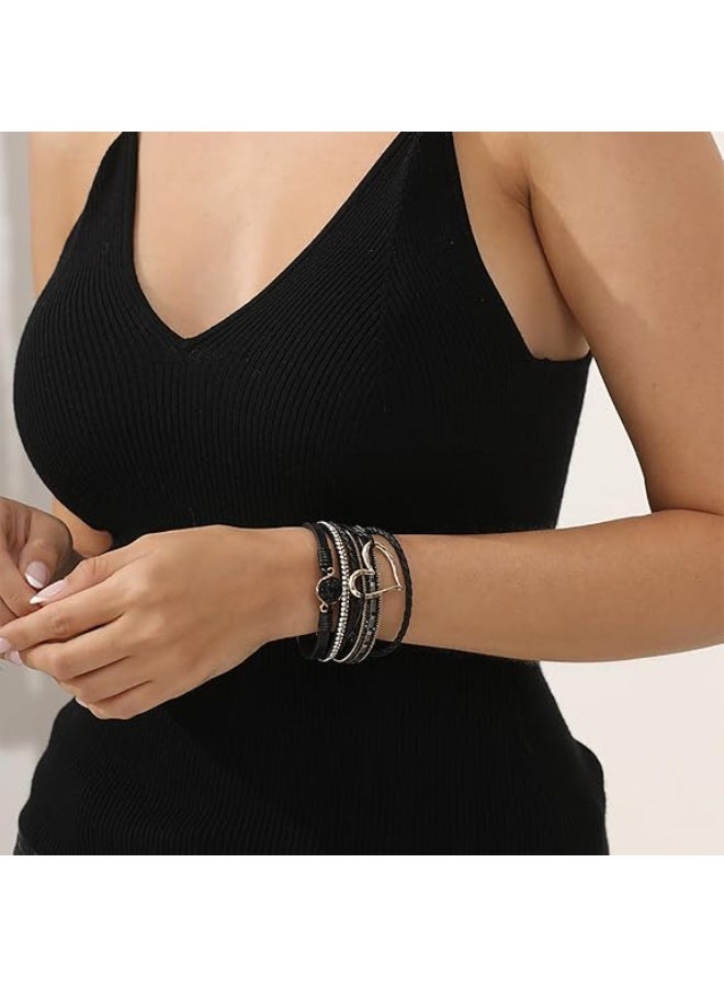 Goolsky [Elegant] Boho Chic Love Heart Magnetic Clasp Bracelet - Multi-Layer PU Leather with Black Braided Design & Crystal Accents, Golden-Tone Metal Heart Pendant, Everyday Bohemian Style Jewelry for Women, Heart Jewelry - Image 4